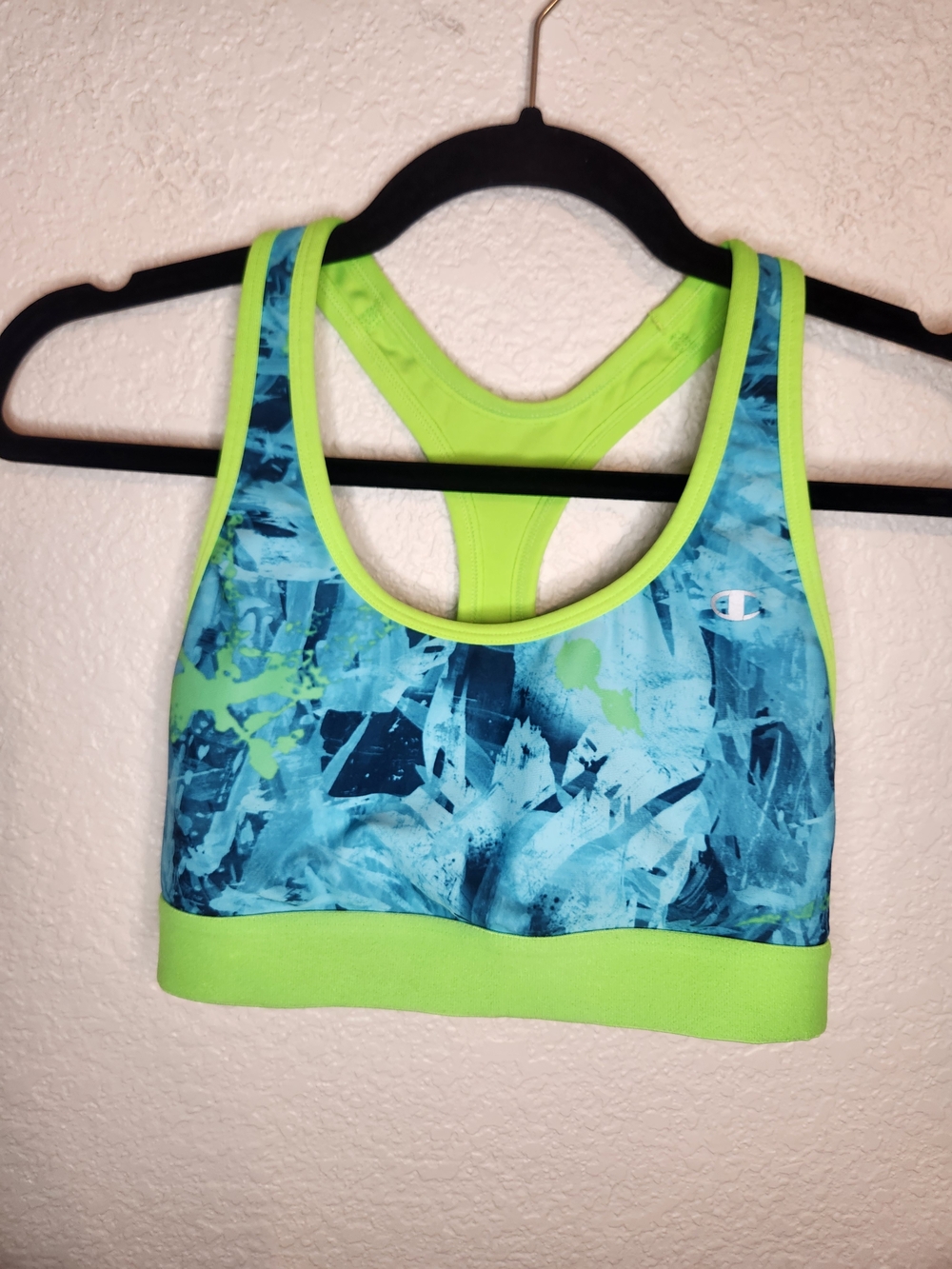 Champion blue and neon green watercolor print racerback sports bra M